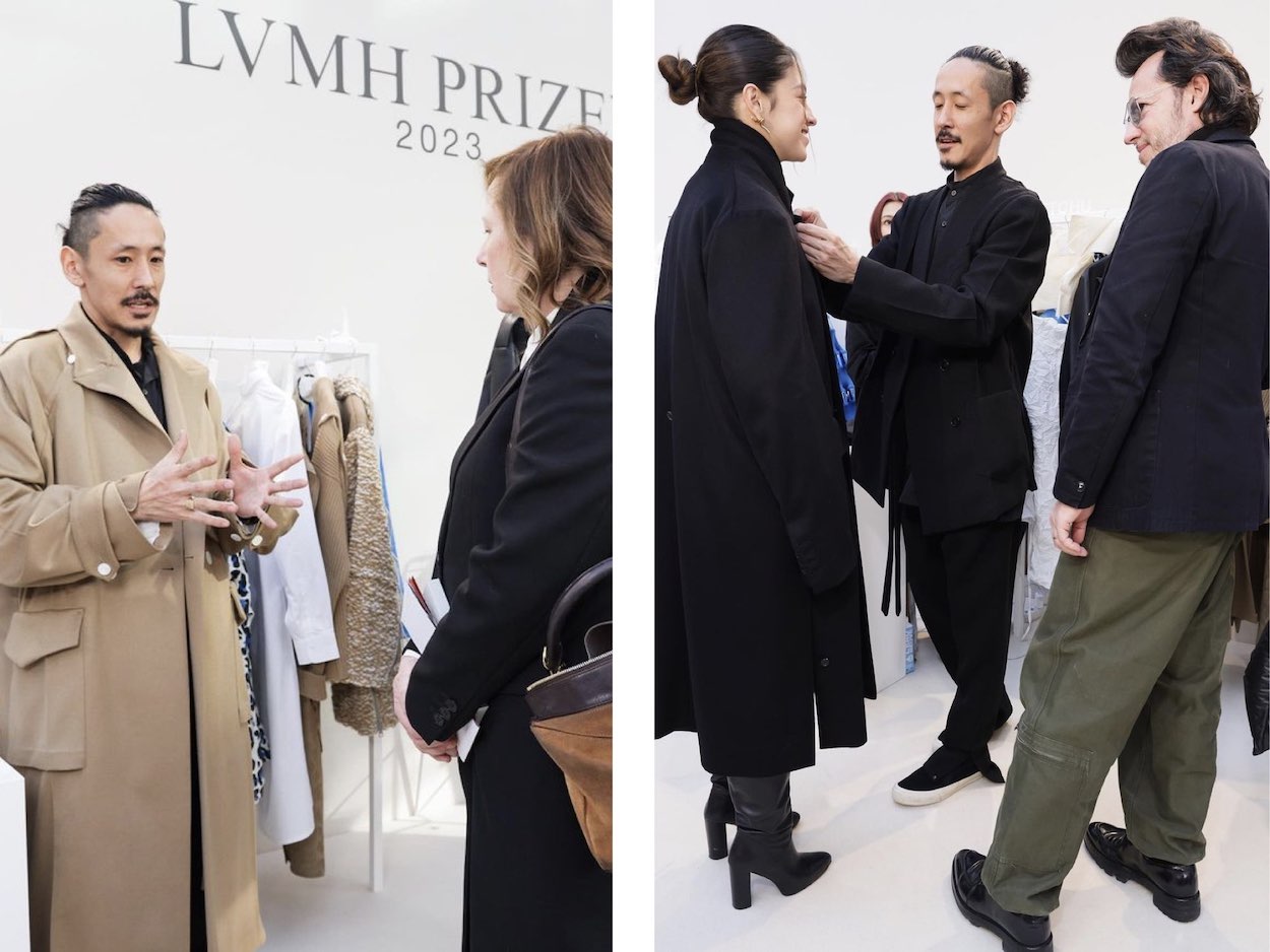Paris, France, June 7, 2023. Satoshi Kuwata (C), the Japanese designer and  founder of clothing brand Setchu, poses for photo after winning the 2023  LVMH Prize for Young Designers, one of the